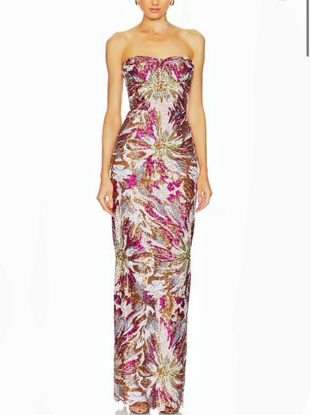 Bronx and Banco Veronica Strapless Floral Sequin Column Gown Sequin Maxi Dress